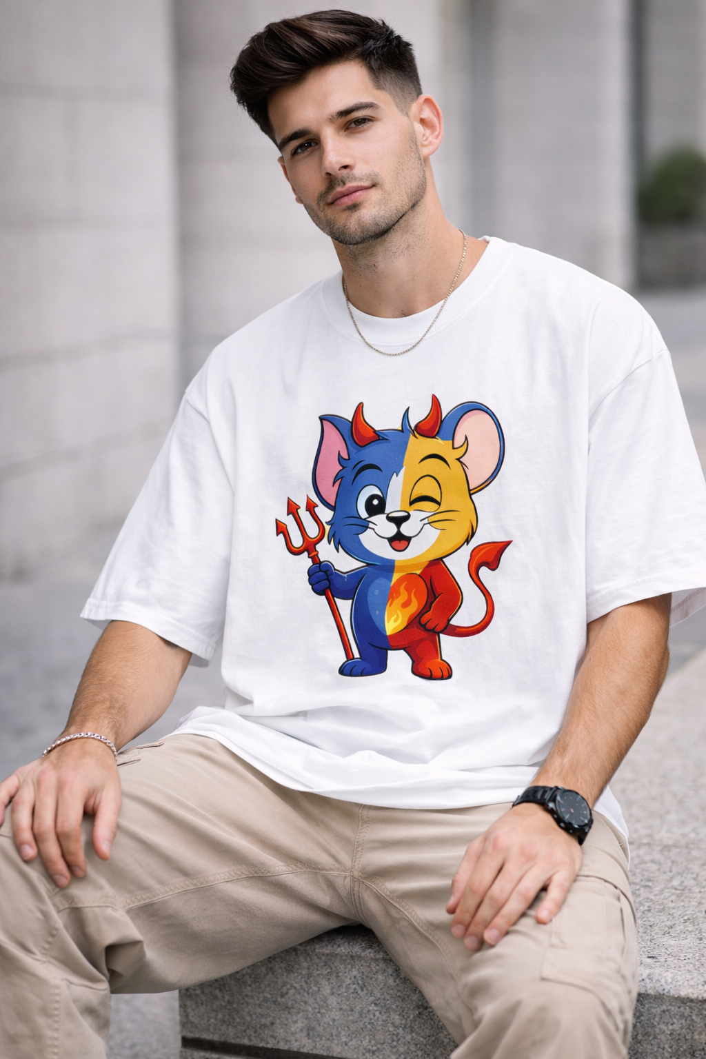 Dual Nature Devil Cat Oversize Tee