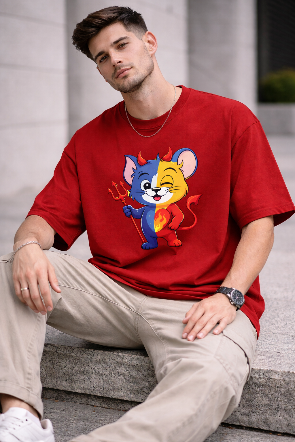 Dual Nature Devil Cat Oversize Tee