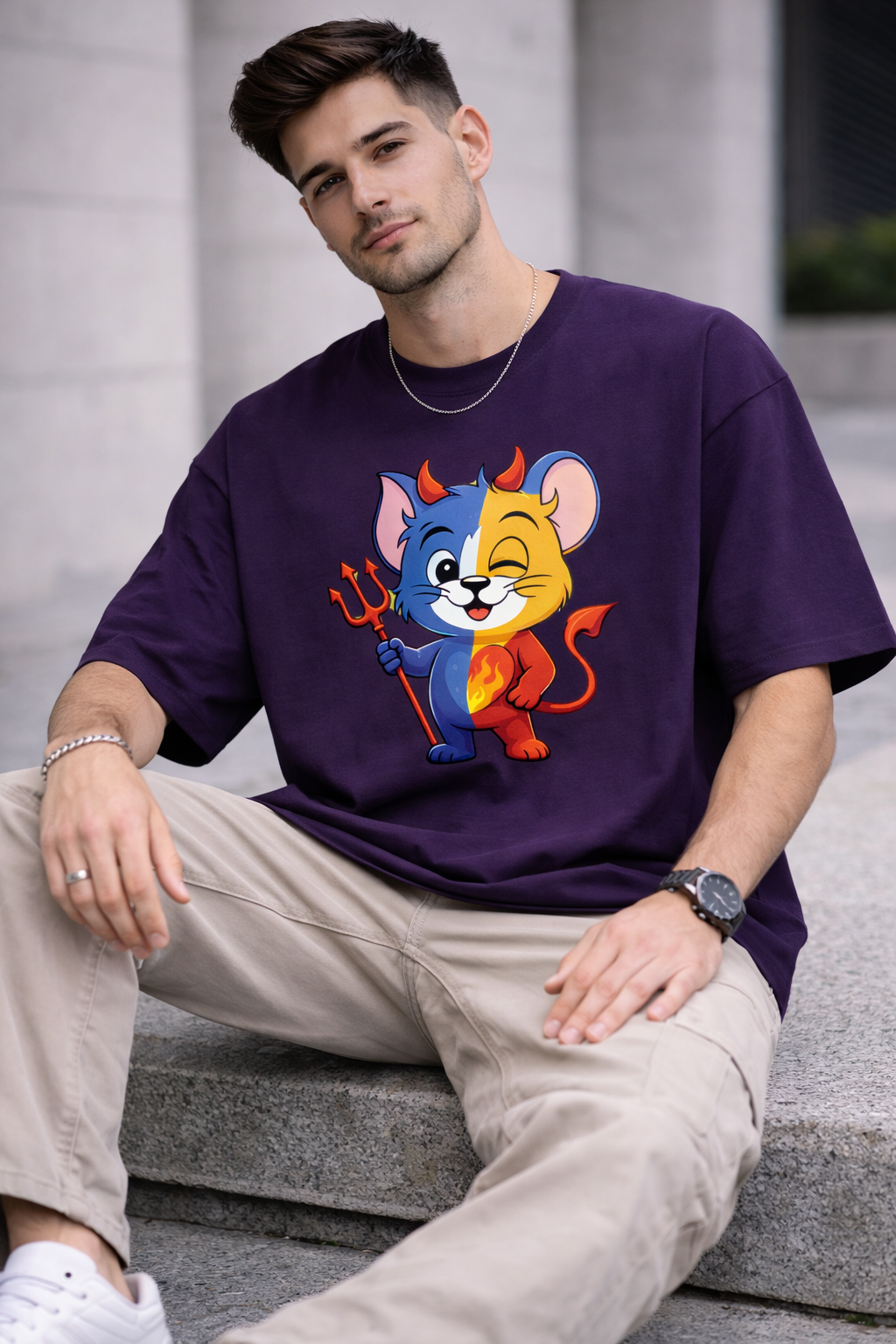 Dual Nature Devil Cat Oversize Tee