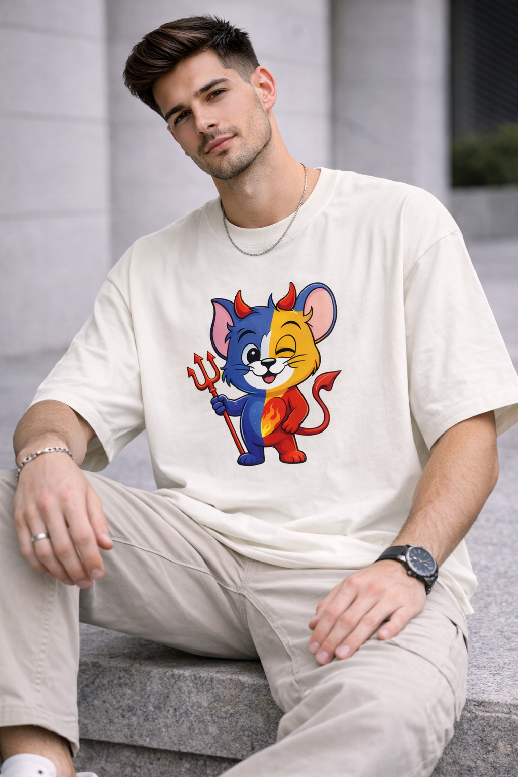 Dual Nature Devil Cat Oversize Tee