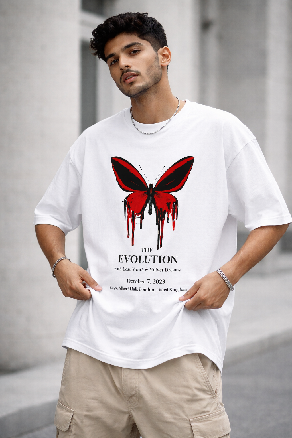 Crimson Evolution Drip Oversized Tee – White Edition