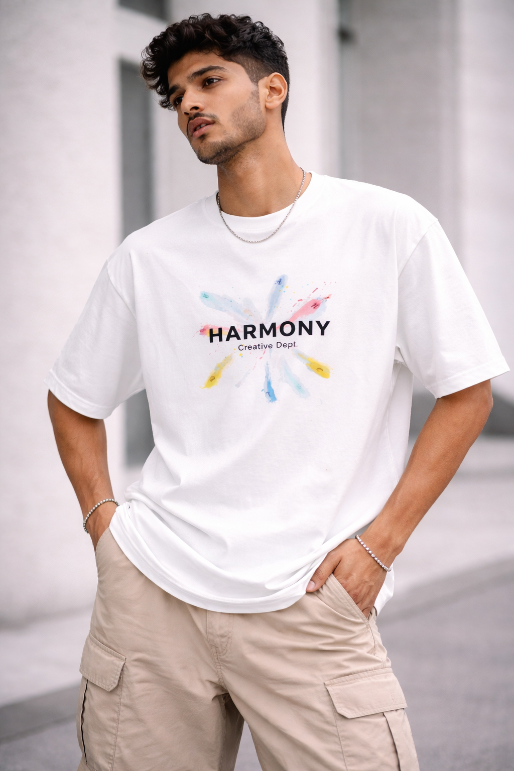 Harmony Splash Oversized Tee – Sand Beige Edition